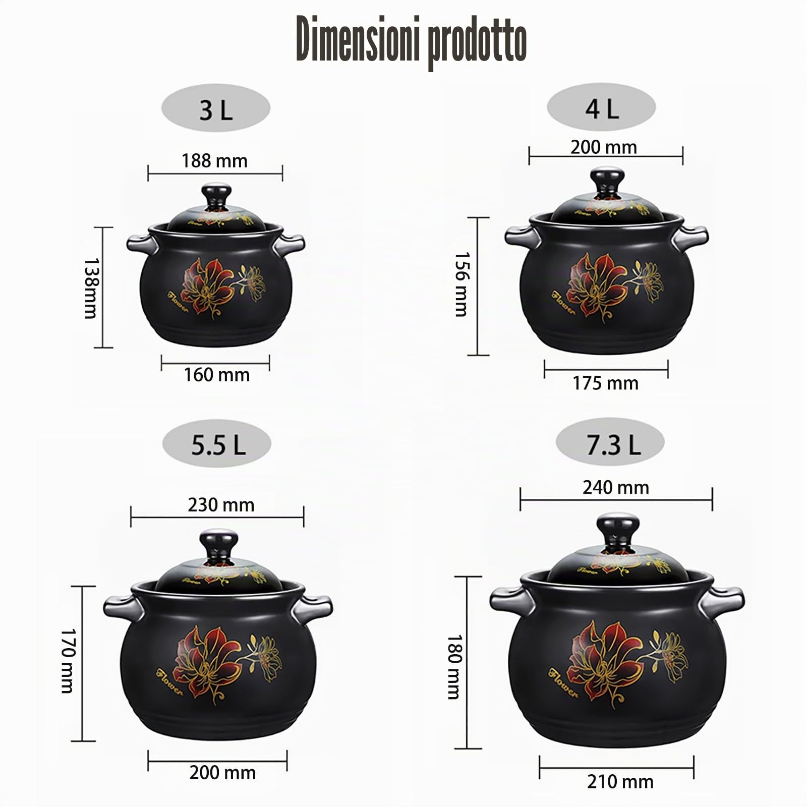 YLME Casseruola con Coperchio pentola in Terracotta di Grandi Dimensioni per Cucinare stufati zuppe Riso e Piatti brasati Adatta Sia ai fornelli Che al Forno,3L