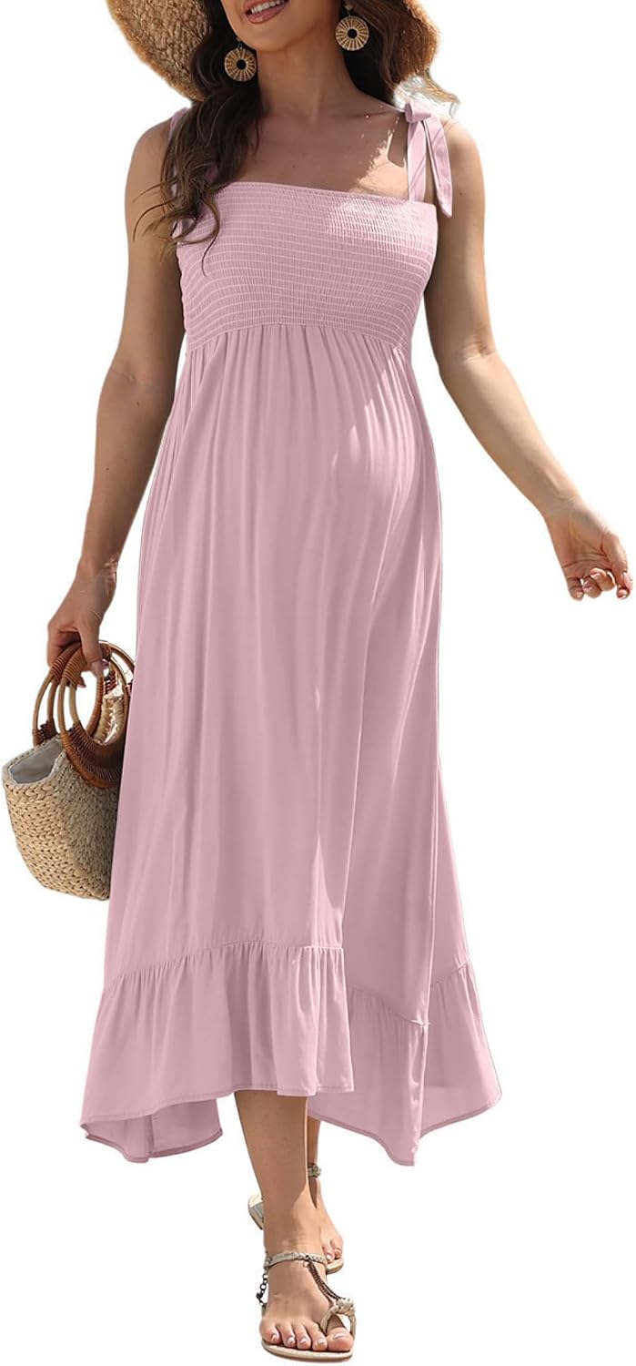 XNHAN Summer Boho Maternity Dress Strap Square Neck Ruffle Hem Maternity Maxi Dress for Baby Shower Photoshoot