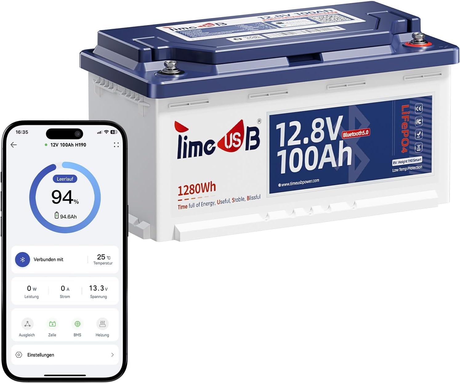 Timeusb LiFePO4 12V 100Ah Batterie Bluetooth H190 für Untersitz Wohnmobil | DIN H8/L5,100A BMS mit Tieftemperaturschutz,1280Wh Tiefzyklus Lithium Akku für RV Campervan Wohnwagen