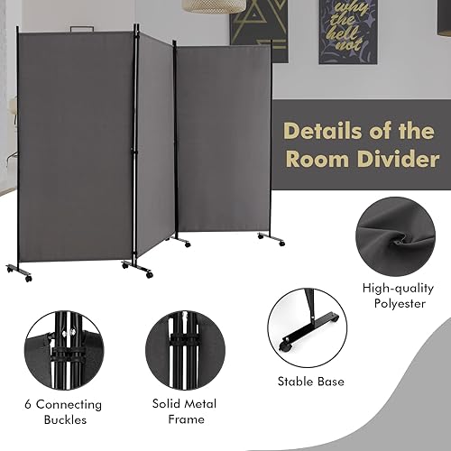 Miniatura 5 de Giantex Divisor de habitación de 3 paneles con ruedas, pantalla de privacidad plegable de 103 pulgadas de ancho x 71 pulgadas de alto, divisores de
