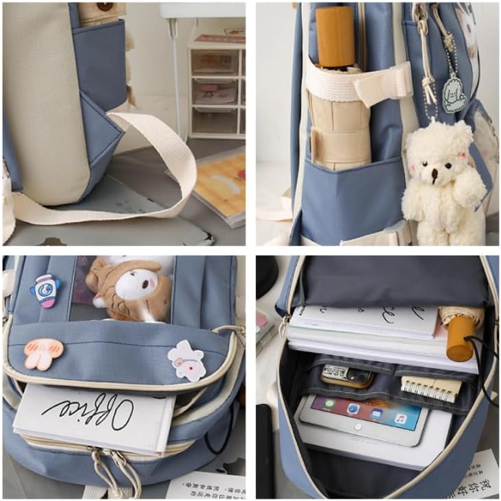 Miniatura 6 de Juego de 5 mochilas Kawaii con bonito colgante y alfileres, bonita bolsa estética para libros, mochila casual de 15.6 pulgadas para laptop, Negro -,