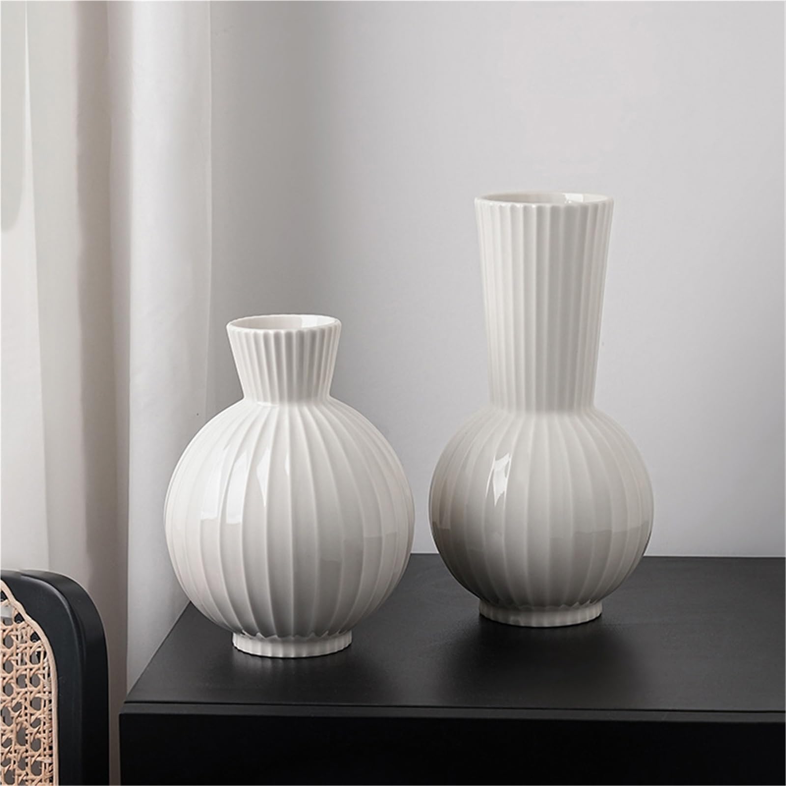 Weiße Keramikvase, Boho-Dekor, Bauernhaus-Dekovase, gestreifte Dekoration, moderne Vase für Wohndeko, Wohnzimmer, Eingangsbereich, Hochzeit(L)