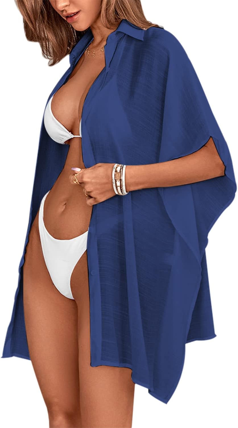Womens Swimsuit Cover Up Shirts Oversized Beach Bikini Bathing Suit Coverups Beachwear Button Up - Image 3
