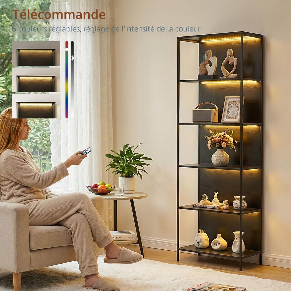 EGGREE Vitrine pour Collection Ouverte avec Éclairage LED, Meuble Vitrine d'Exposition à 6 Couleurs avec 6 Tablettes en Bois et Structure Métal, pour Figurines, Sneakers, Vins, 60x30x178 cm