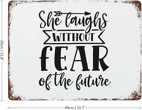 Miniatura 2 de Letrero de metal retro de óxido de 12 x 16 pulgadas, versículos de la Biblia, con texto en inglés "She Laughs Without Fear of the Future