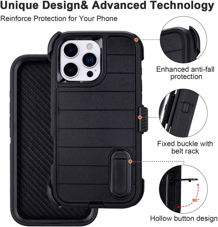 for Phone Case iPhone 16 Pro Case Black with Belt Clip Heavy Duty Holster for Shockproof Cases,3 Layers of Sturdy,Military Grade Defender Cover for iPhone 16 Pro Cases Black 6.3 Inch
