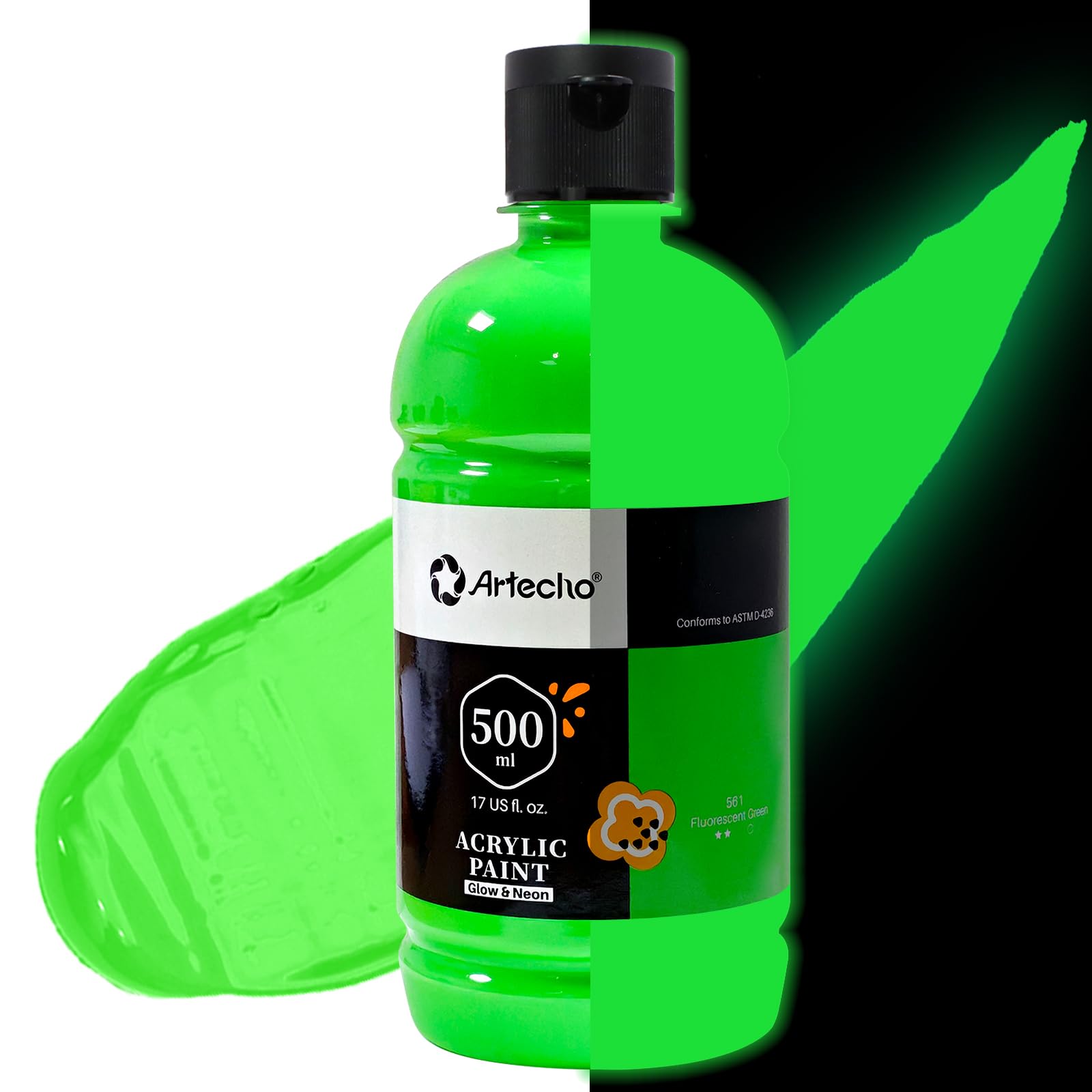 Artecho Green Glow in the Dark Acrylic Paint - Large Bottle 500ml /17oz, Craft Paint for Canvas, Rocks, Wood, Fabric, Ceramic, Non-Toxic โ image 1