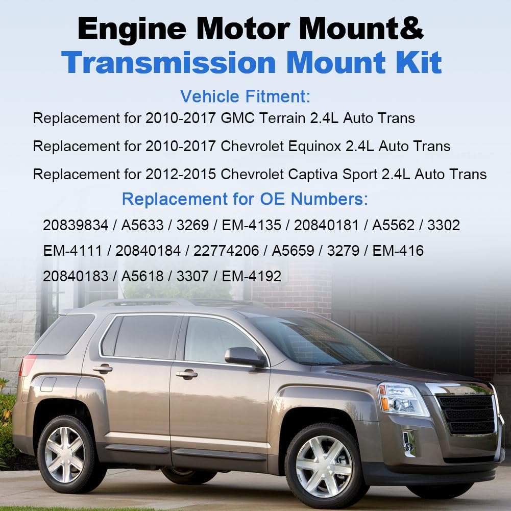 4PCS Engine Motor Transmission Mounts Set Replacement for 2010-2017 GMC Terrain, Chevrolet Equinox, Captiva Sport 2.4L Auto Trans Replacement for A5618, A5562, A5633, A5659