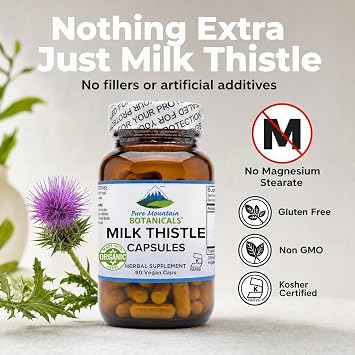 Pure Mountain Botanicals Milk Thistle Supplement - 90 Kosher Vegan Capsules - Organic Milk Thistle and 80% Silymarin Extract - 450mg Liver Health Support - Herbal