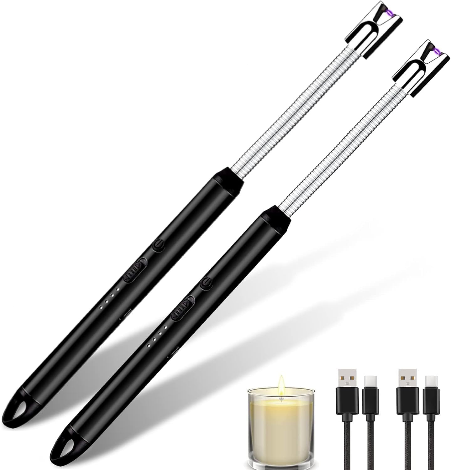 Stick Lighter, 2 Pieces, Electric Arc Lighter with Longer Neck, Safety Lock - Candle Gadgets, USB Rechargeable Plasma Candle Lighter for Kitchen Stove Camping