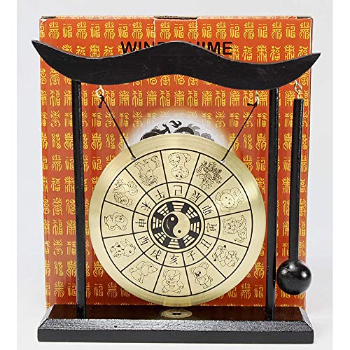 Mini Table Gong With Stand & Mallet, Chinese Feng Shui Brass Gong With Chinese Zodiac & Taiji Symbols, Percussion Instruments, For Zen Art Home Decor Housewarming Congratulatory Blessing Gift #TOP6