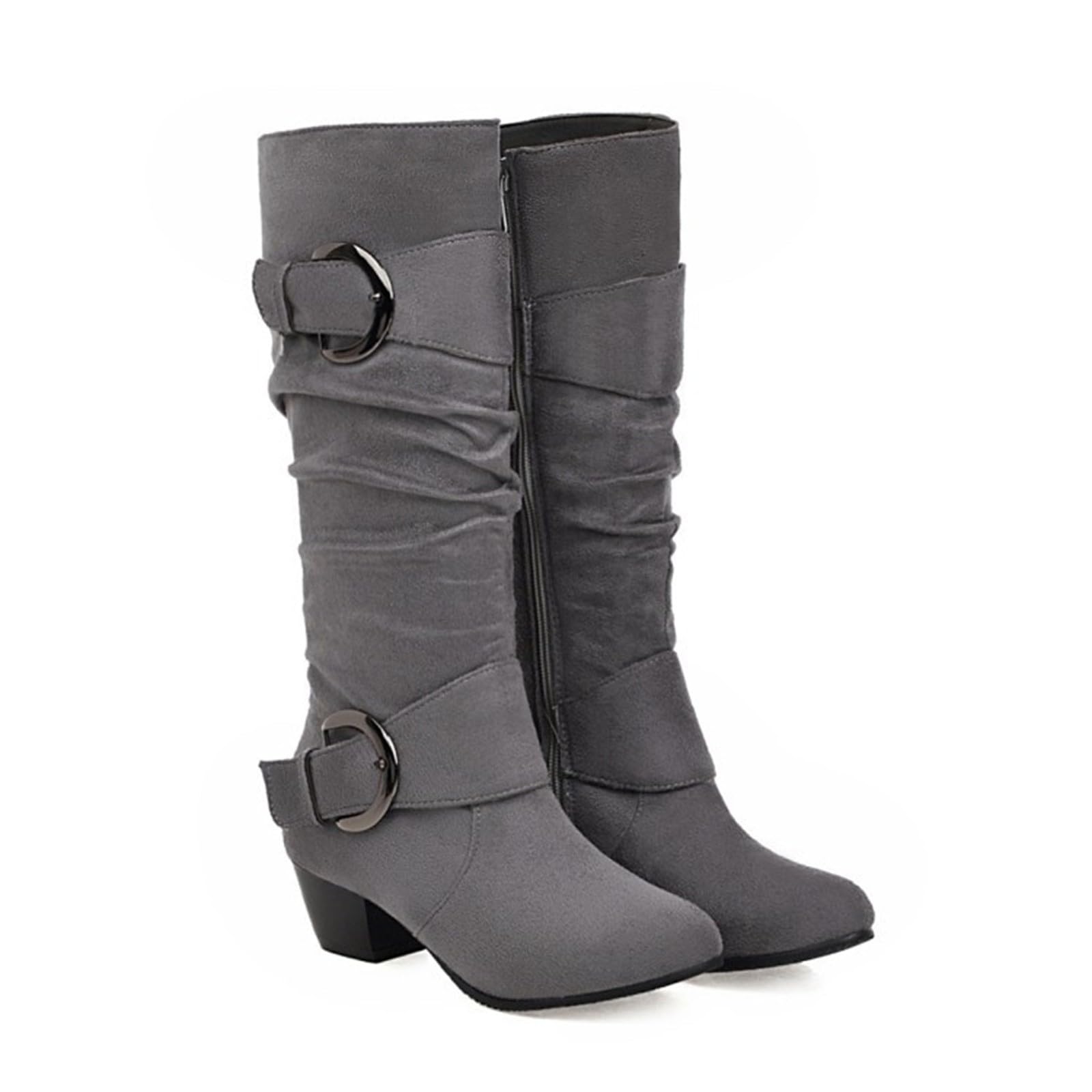 Botas de vaquero para mujer, de ante alto, hasta la rodilla, con tacón de bloque, botas largas con cremallera lateral, botas puntiagudas del oeste con hebilla, gris, 36 EU