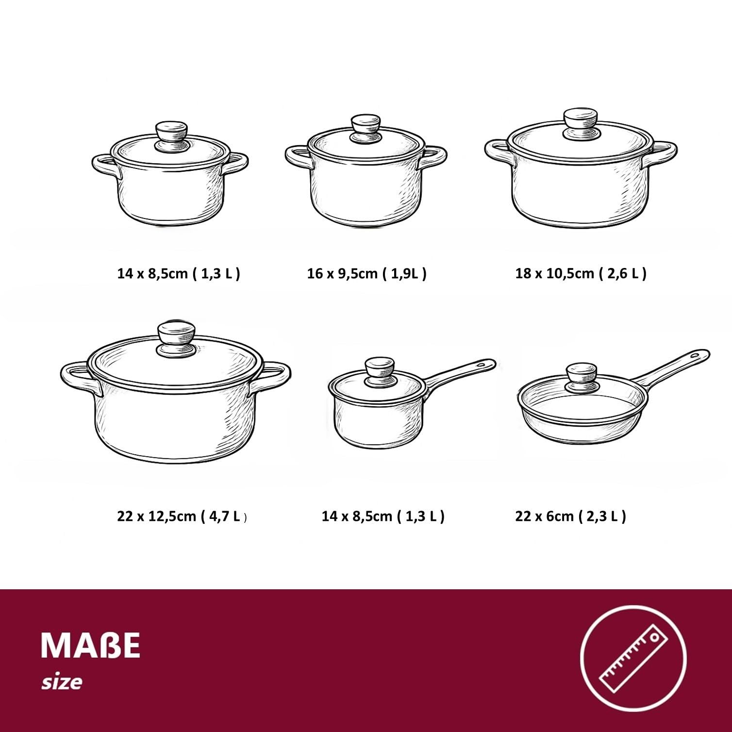 Edelstahl Topfset 12-teilig mit Glasdeckeln, induktionsgeeignet – stapelbares Kochtopf-Set mit Kapselboden für alle Herdarten, kleine Küchen, WG & Camping