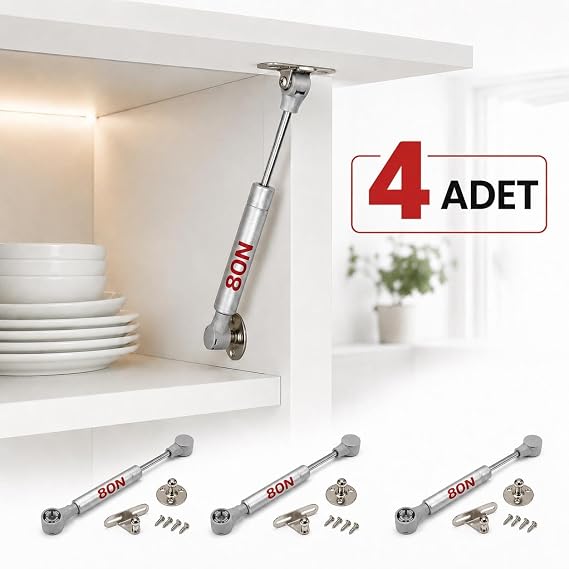 (4 Adet) Dolap Kapak Amortisörü 80N Gri 20 cm Gazlı Piston Kapak Hidroliği Mutfak Dolabı Pistonu