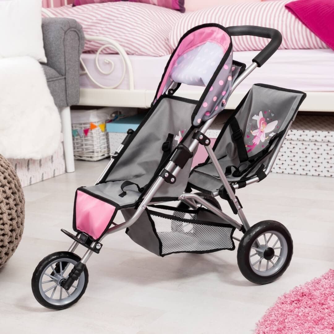 Bayer Design 39166AA Wózek dla lalek Duo, bliźniaczy jogger, składany, z koszem na zakupy, szary, różowy, wróżką