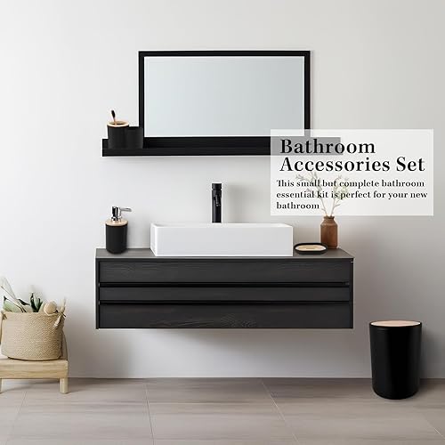 Miniatura 7 de Juego de accesorios de baño  Juego de 19 piezas de baño negro con cortina de ducha, basura, soporte para cepillo de inodoro y dispensador