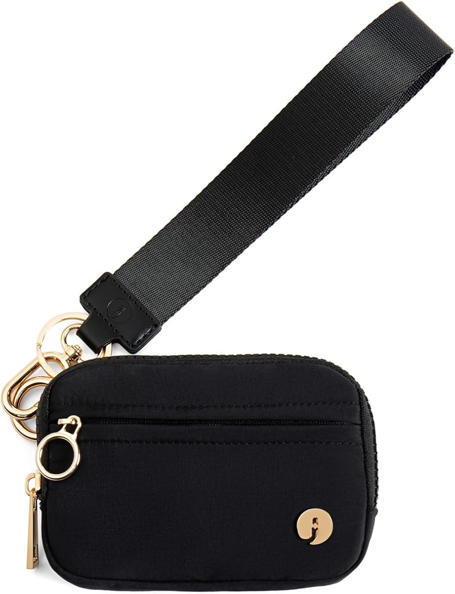 Carteras con llavero para mujer, con bloqueo RFID, tarjetero, monedero pequeño con cremallera, bolsa de cambio con ventana de identificación y correa de muñeca desmontable, color negro