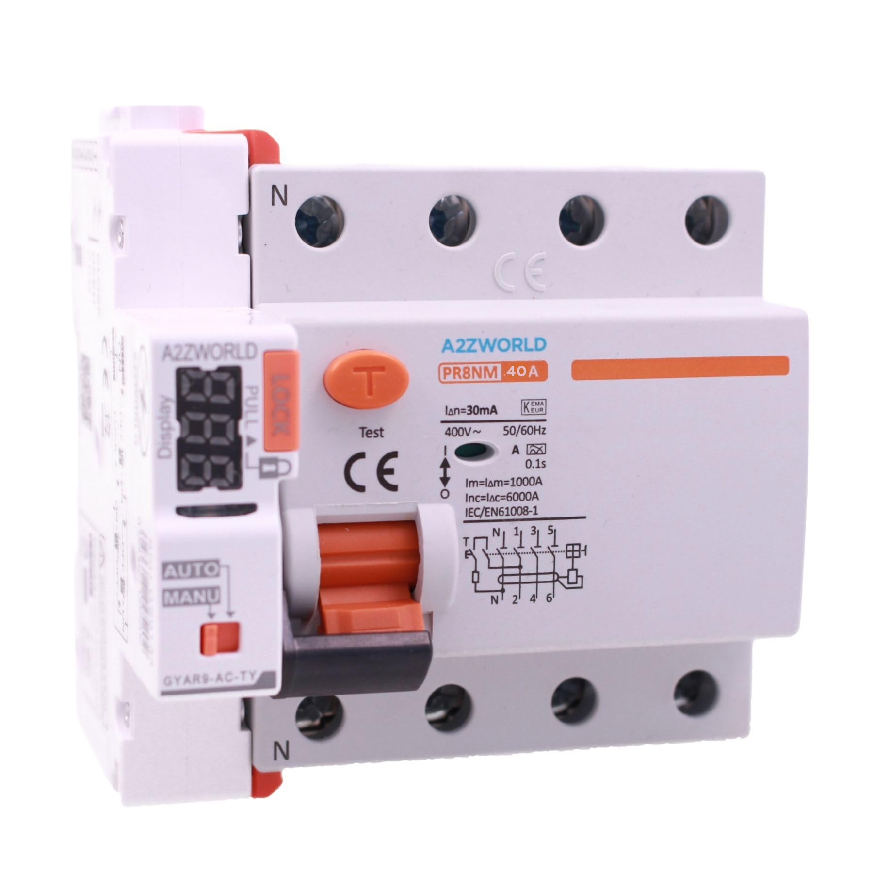Interruttore Differenziale Puro WIFI Con Riarmo Automatico Trifase, Salvavita Tipo A Tipo A 30mA / 0,03A 40A, APP Tuya Smart Life, RCCB 3P+N 6kA 380V, 5 Moduli DIN, Controllo Remote e Manuale