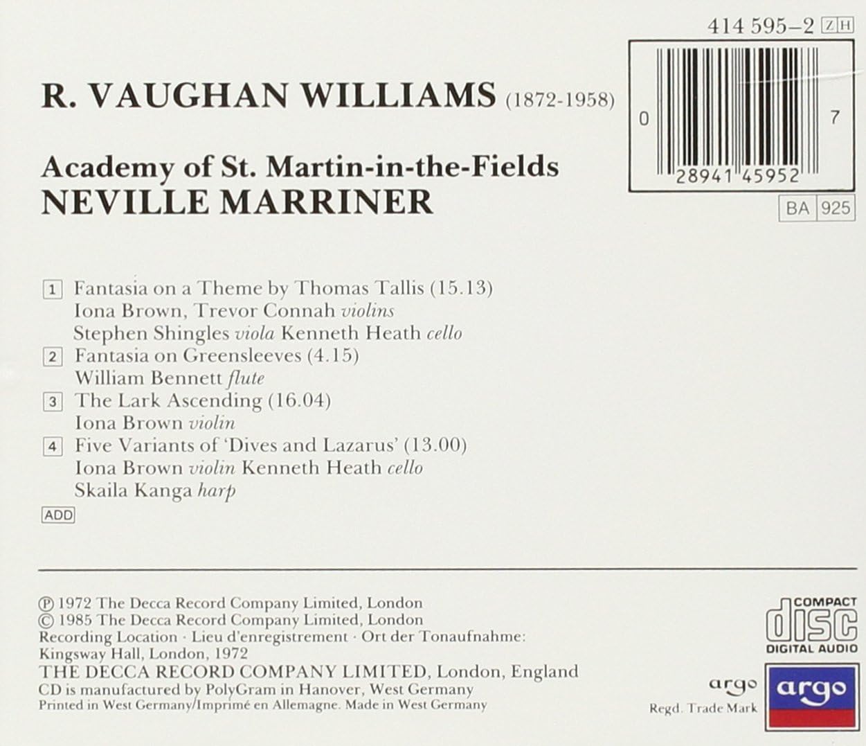 Vaughan Williams: Tallis Fantasia, Fantasia on Greensleeves, The Lark Ascending etc