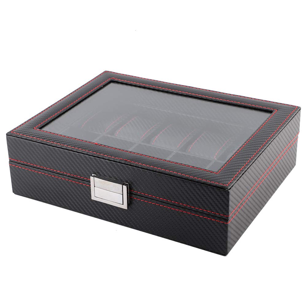 Organizador de Almacenamiento de Exhibición de Caja de Reloj con 10 Ranuras de Fibra de Carbono para Tocador Negro 11 * 8,7 * 3,4 Pulgadas
