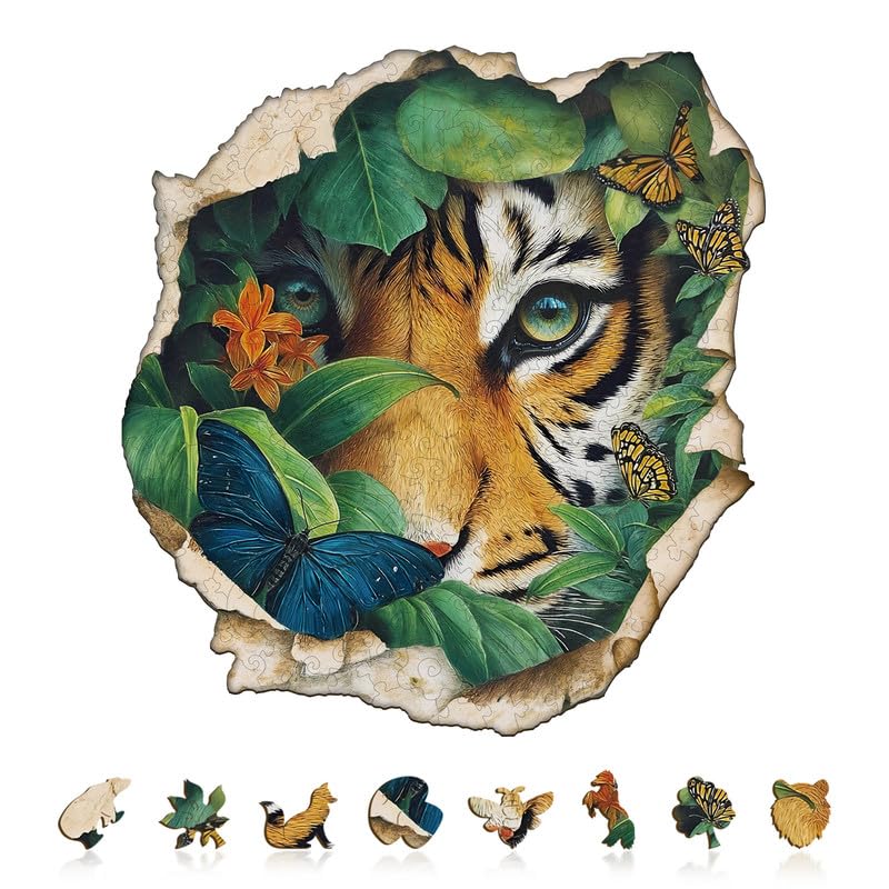 Jigfoxy Tiger Wooden Puzzles for Adults, 270 Piece Unique Animal Shaped Jigsaw Puzzle, Relaxing Brain Teaser Game, Creative Gift in Premium Box (13.4x13.1in)