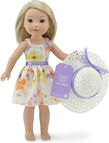 Emily Rose Vestido de gasa de Pascua y primavera de 14 pulgadas con sombrero blanco a juego | Traje de verano floral | Se adapta a WellieWishers y