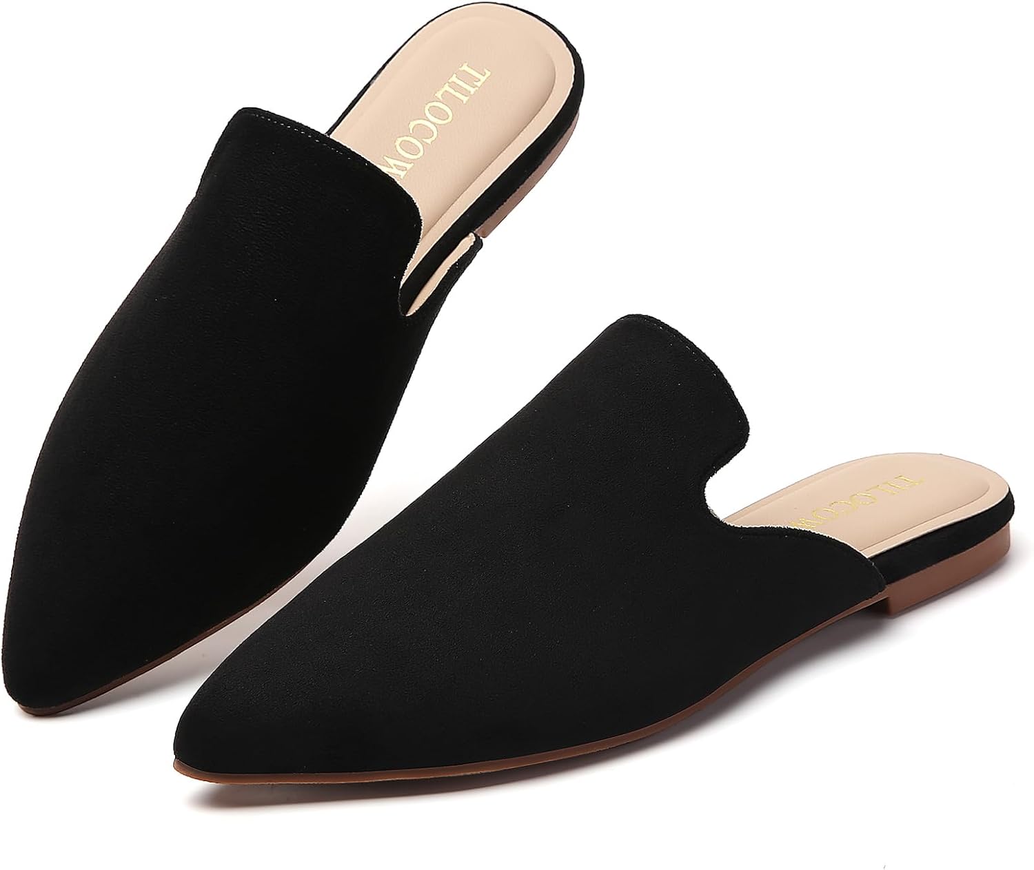 Tilocow Mules for Woman Comfortable Pointed Toe Backless Loafers Flat Mule Business Casual Shoes Slides Slip on