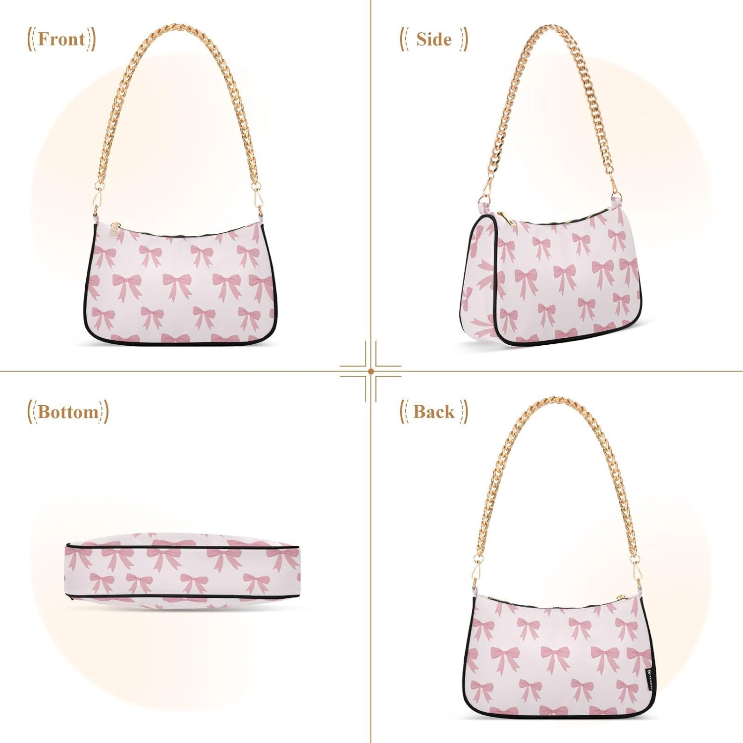 Funny Bow Cartoon Stylish Chain Shoulder Bag Hobo Tote Handbag Mini Clutch Purse with Zipper Closure for Women