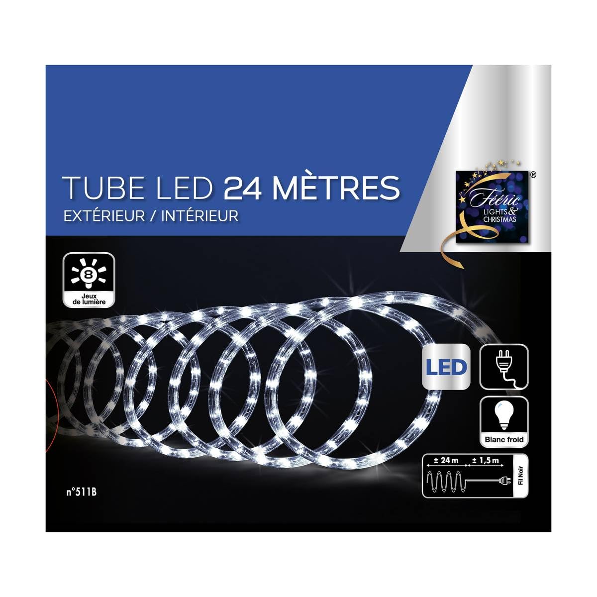 FEERIC LIGHTS & CHRISTMAS Guirlande Tube Lumineux 24 mètres Ampoules LED et 8 Jeux de Lumière - Coloris Blanc Froid