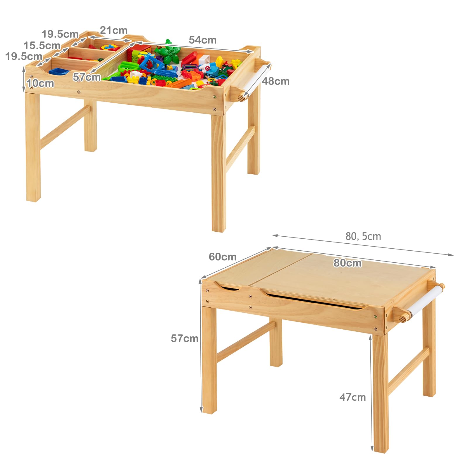 LIFEZEAL 2 en 1 Bureau à Dessin & Table de Blocs de Construction avec Espace de Rangement, Plateau Réversible, Rouleau de Papier, Table Multi-Activités en Bois pour Enfant 3 Ans+ (Naturel)