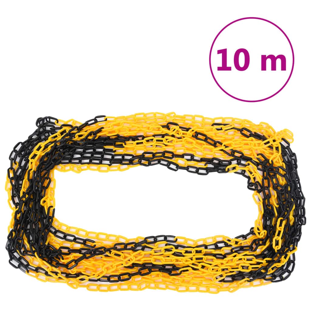 Juego de postes de cadena de plástico de 10 m, 10 postes de polietileno, 90 cm de alto, color amarillo y negro, con base rellenable para aparcamiento, almacén, exterior