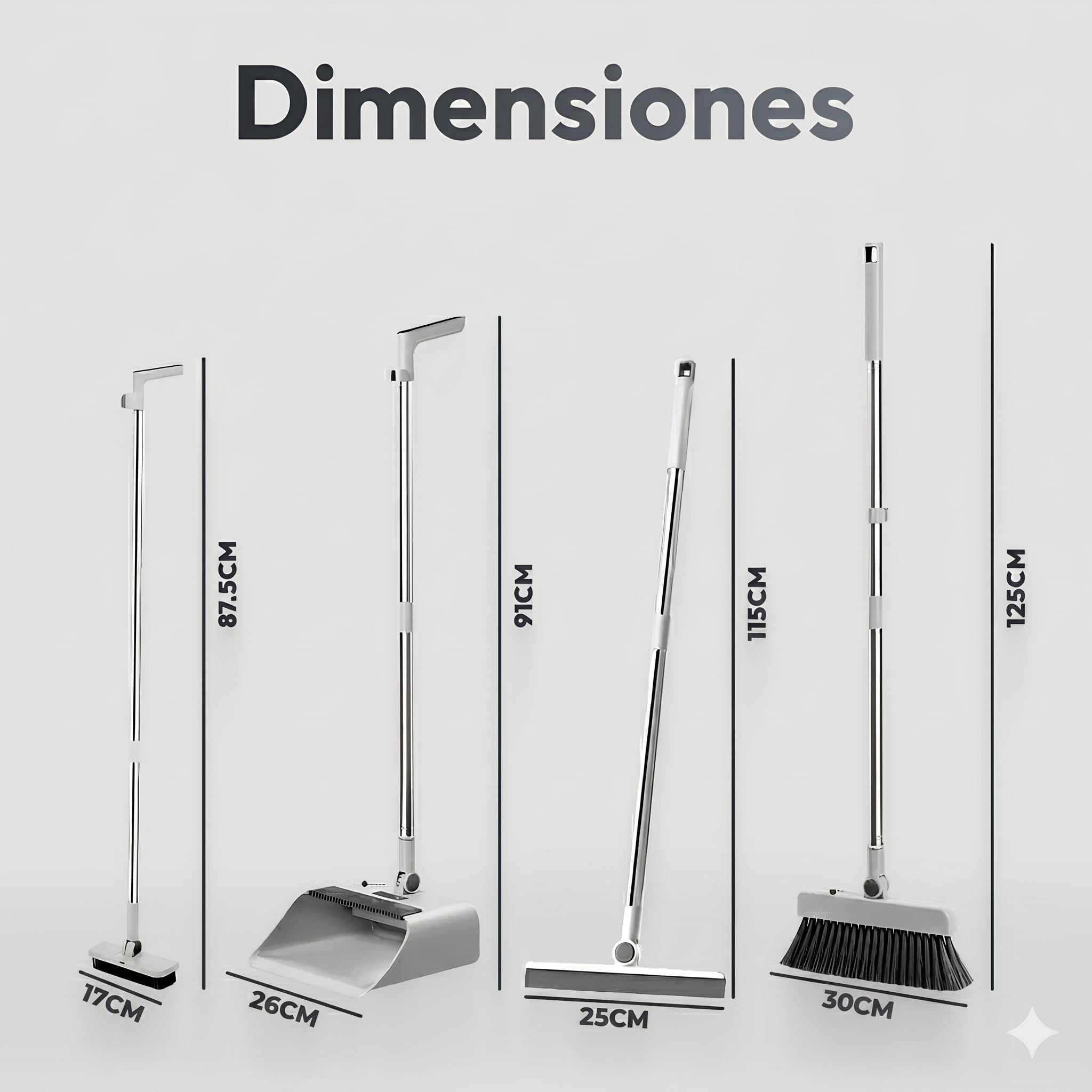 JUPPLIES Escoba y Recogedor Plegable 3 en 1 con Cepillo Extraíble y Limpiacristales Oculto - Mango Telescópico de 126 cm y Rotación de 180º - Limpieza del Hogar Oficina