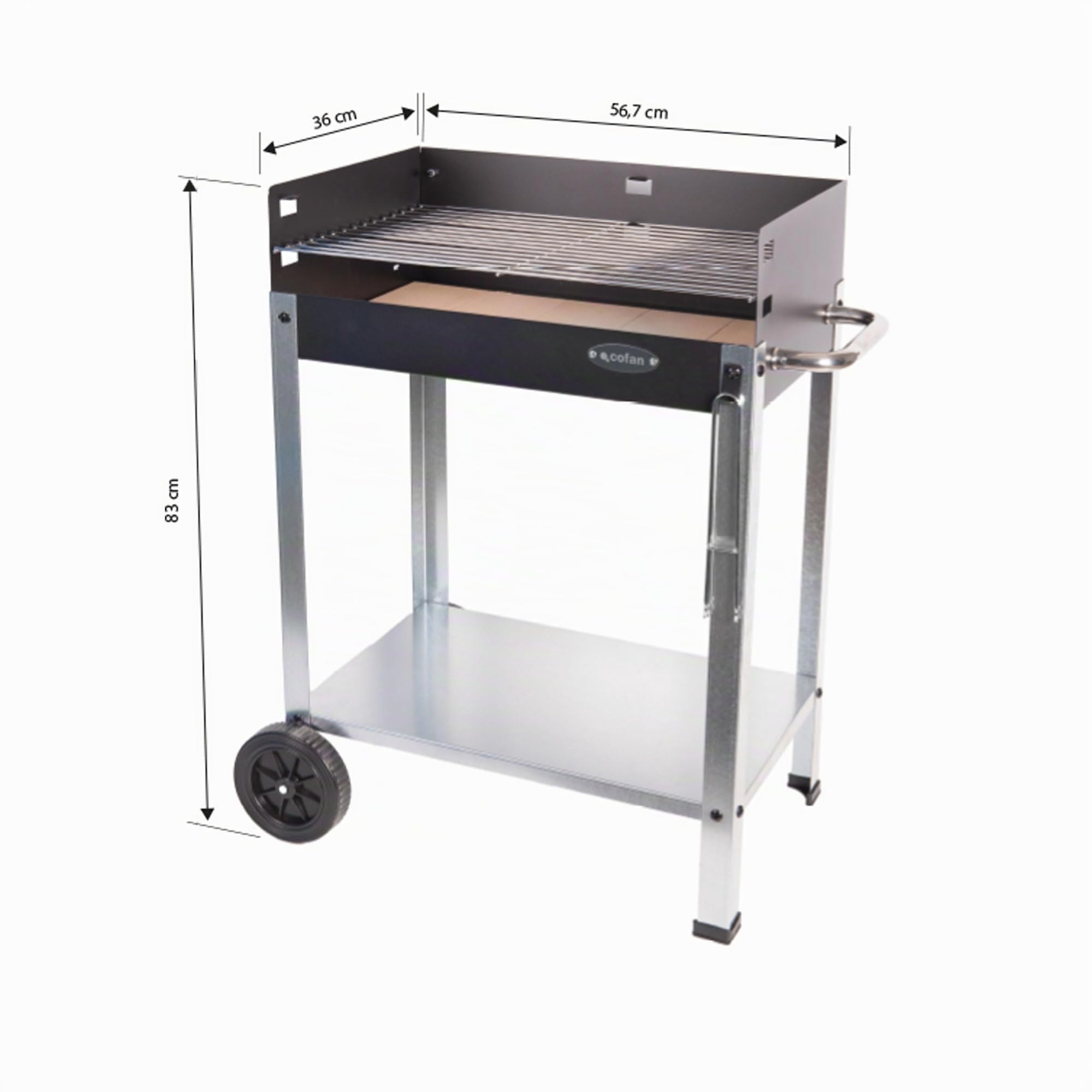 Cofan Barbacoa de carbón con ruedas | Parrilla ajustable | Con ladrillo refractario y asa lateral | Fácil transporte | Gran superficie de asado | Medidas: 56,7 x 36 x 83 cm