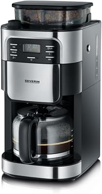 SEVERIN Kaffeemaschine mit Mahlwerk, Kaffeeautomat mit Glaskanne und Timer-Funktion, auch als Filterkaffeemaschine, Glas-Kaffeekanne für 8 Tassen, 1000 Watt, Edelstahl-gebürstet / Schwarz, KA 4810