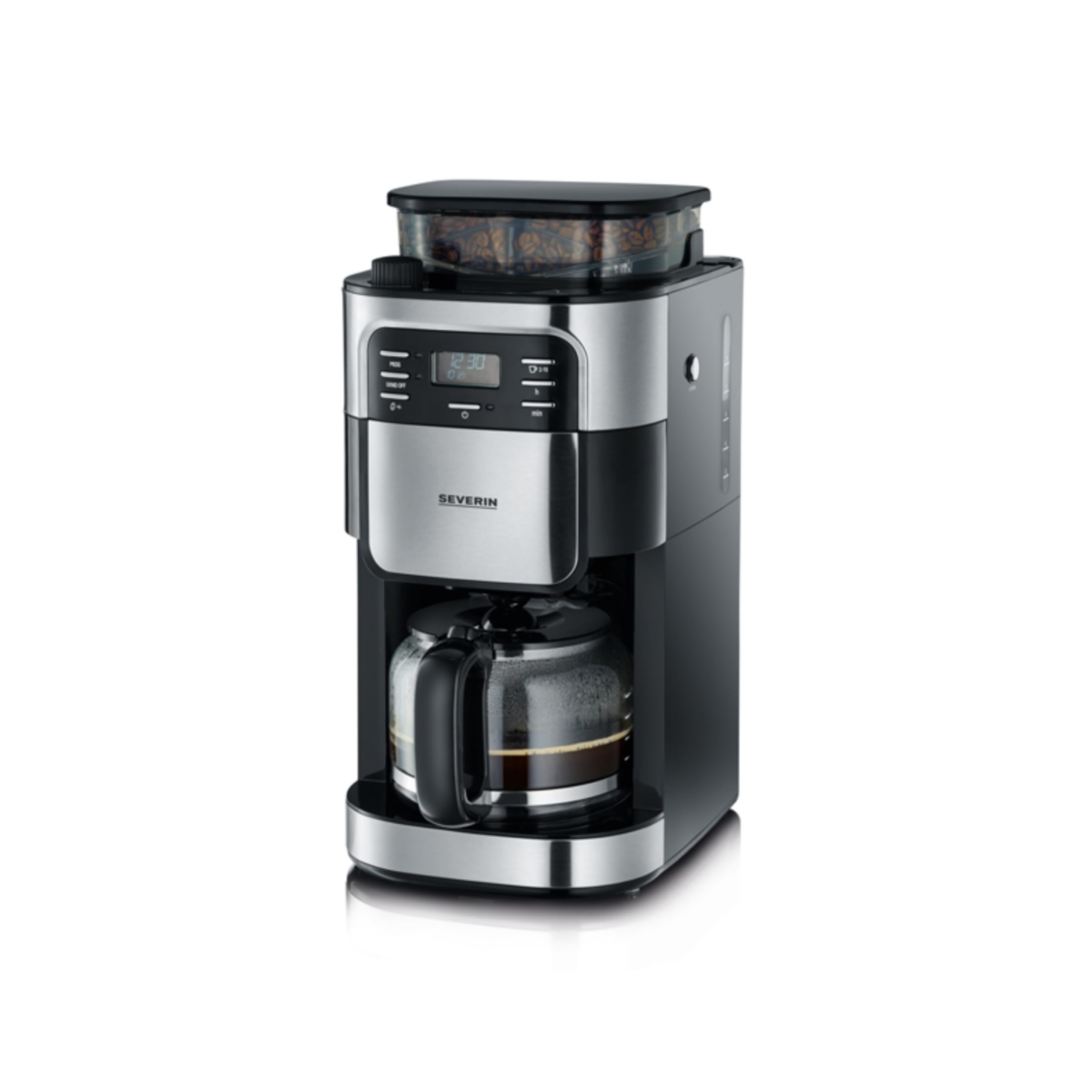 SEVERIN Kaffeemaschine mit Mahlwerk, Kaffeeautomat mit Glaskanne und Timer-Funktion, auch als Filterkaffeemaschine, Glas-Kaffeekanne für 8 Tassen, 1000 Watt, Edelstahl-gebürstet / Schwarz, KA 4810