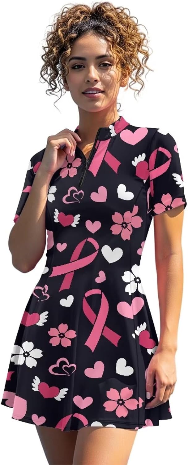Short Sleeve Athletic Dress Womens Zipper Tennis Dress with Built in Shorts Golf Athletic Outfits Dresses