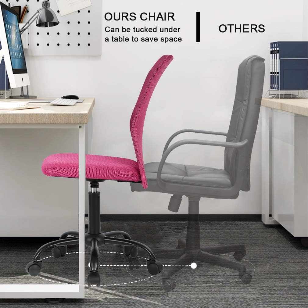 Vnewone Mesh Computer Small Desk Lumbar Support Modern Executive Adjustable Mid Back Task Rolling Swivel Chair with Wheels Armless (Pink)