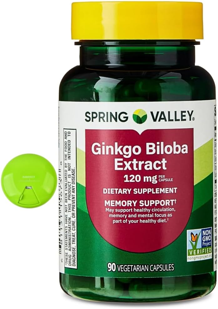 SUREFECT Spring Valley Ginkgo Biloba 120mg Extract + 200mg Powder - 90 Vegetarian Capsules - Cognitive Support Organizer.