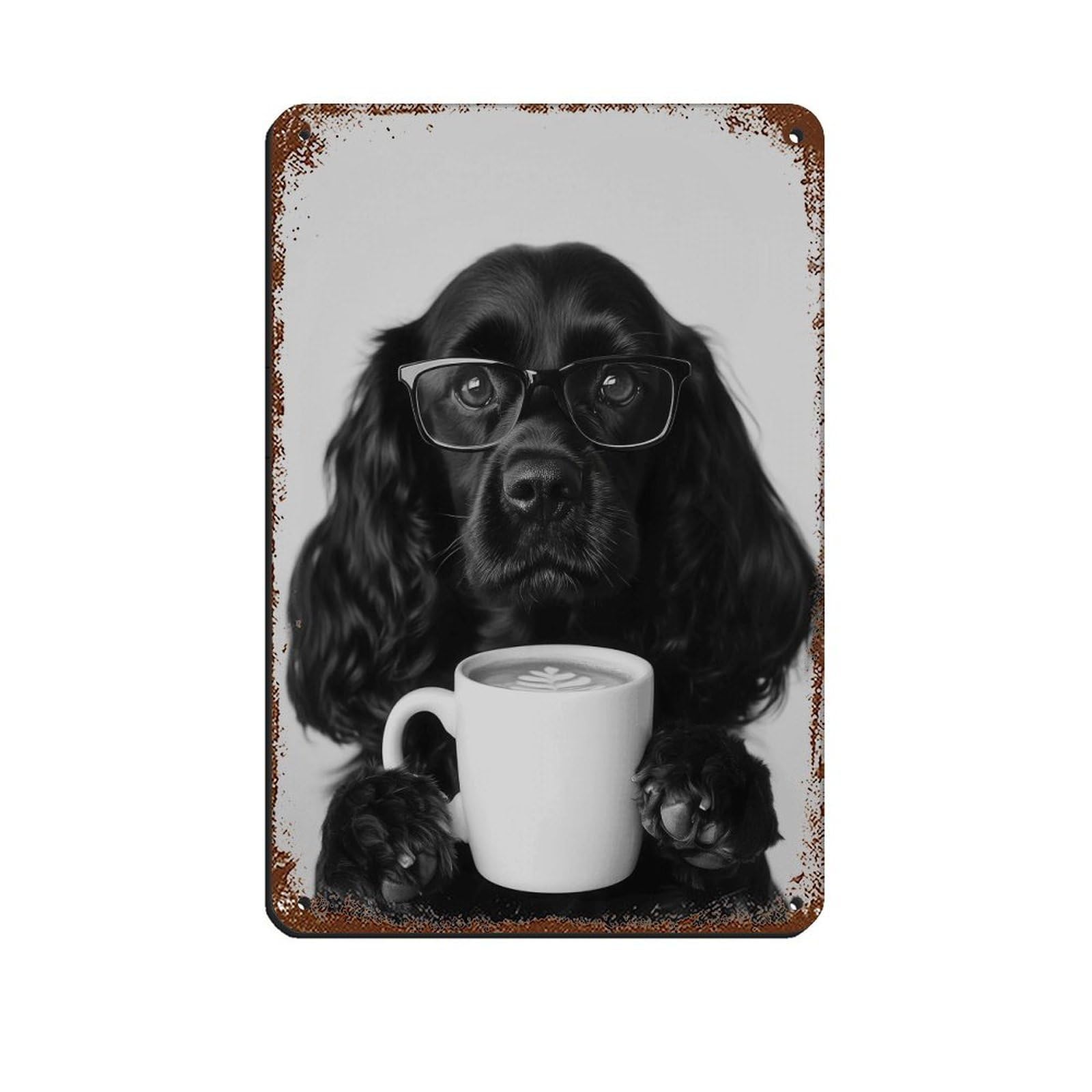 Black Cocker Spaniel Drinking CoffeePoster Tin Sign Vintage Metal Pub Club Cafe Bar Home Wall Art Decoration Poster Retro 8x12inch(20x30cm)