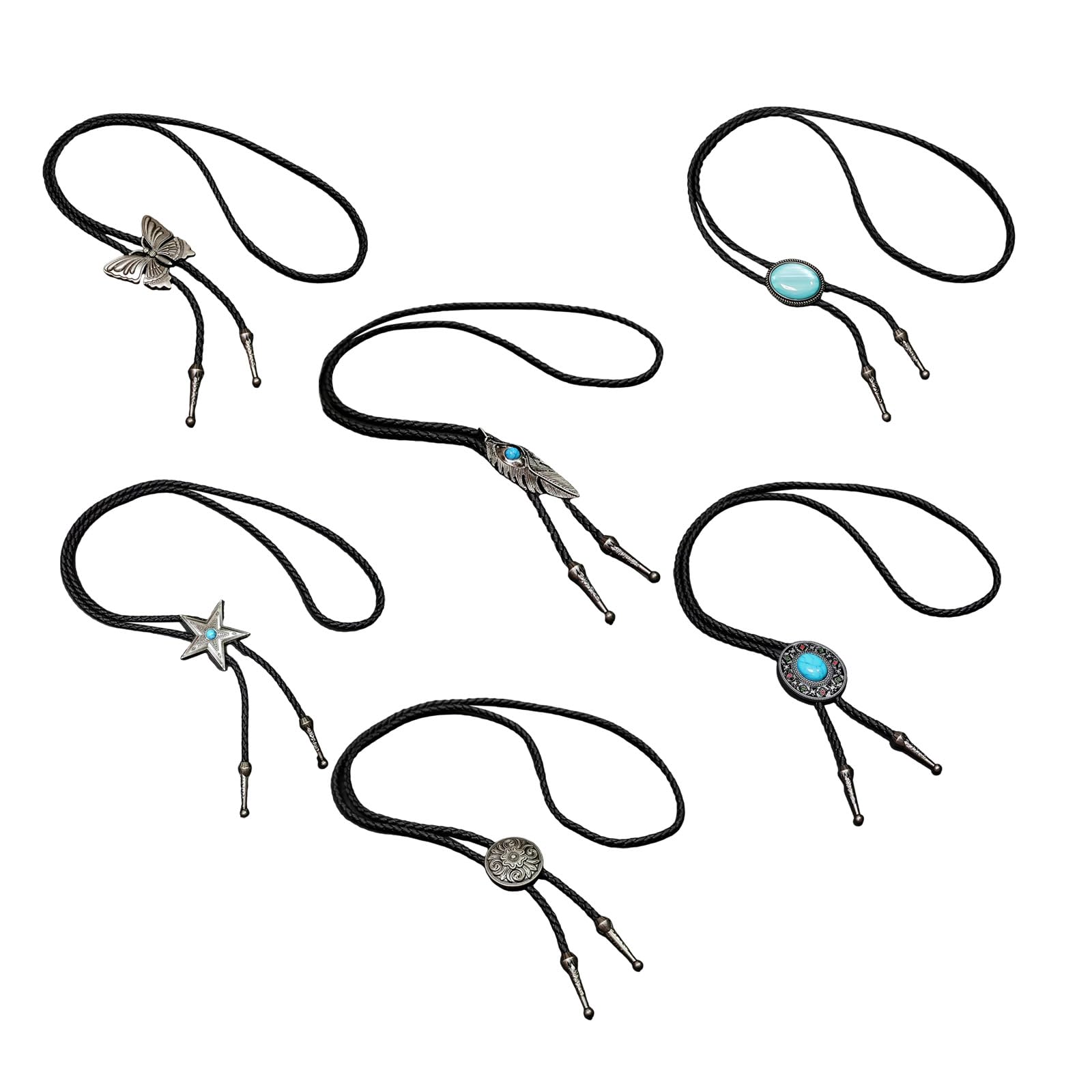 Luofeng Men's Black Pack Of 6 Bolo Tie Set Cowboy Costume Western Outfit Leather Cord Rodeos Pendant Necktie Necklace For And Wo