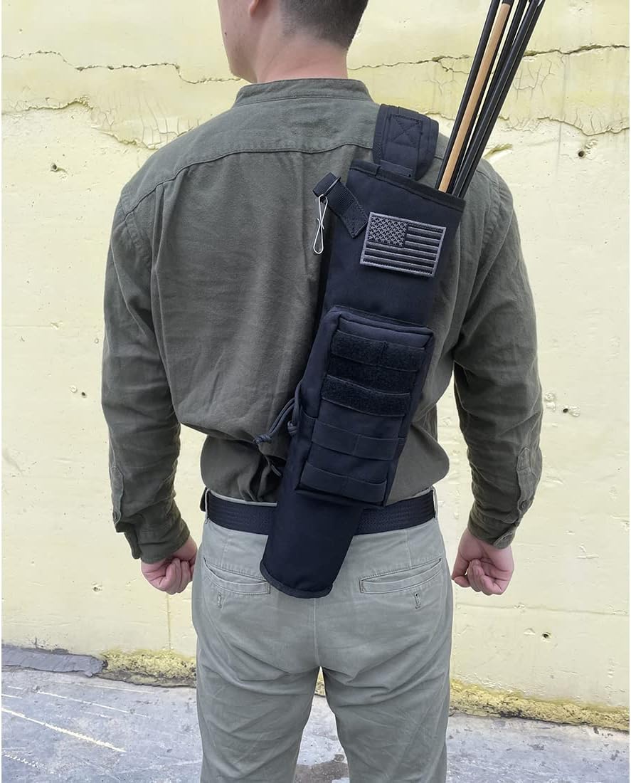 KRATARC Archery Lightweight Back Arrow Quiver Dual Use Foldable Compact Hip Arrows Bag with Molle System Pocket Hanged for Target Shooting Hunting (Black- zip pocket) : Sports & Outdoors