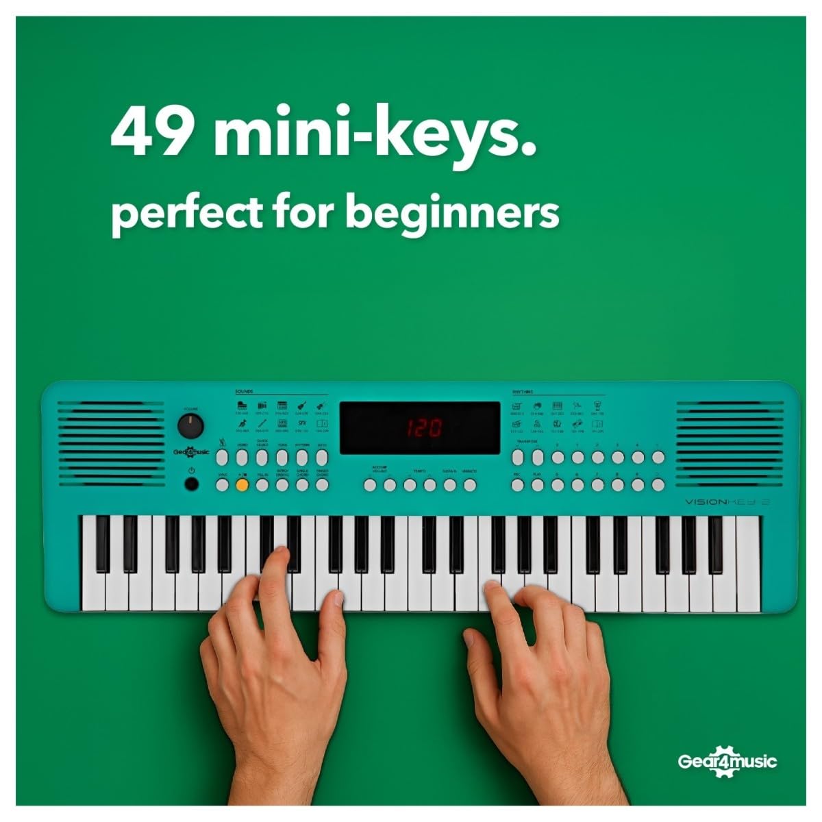 VISIONKEY-2 Tragbares MIDI-Keyboard Piano mit 49 Tasten, e-Piano, grün | Für Anfänger und Musikbegeisterte, 49 Minitasten, 300 Sounds und Rhythmen, USB-MIDI, Kopfhöreranschluss, Batterie oder USB