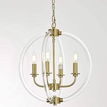 Reaketon Modern Pendant Light Farmhouse Chandelier, 4 Light with Clear Acrylic Lampshades and Brass Finish, Pendant Lighting for Kitchen Island, Dining Room, Bathroom and Foyer