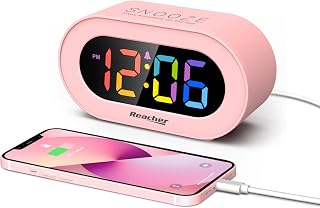 Reacher Pink Girls Alarm Clock: Dimmable Colorful LED Display, USB Phone Charger, Adjustable Volume, Easy Snooze for Kids, Adults, Bedrooms