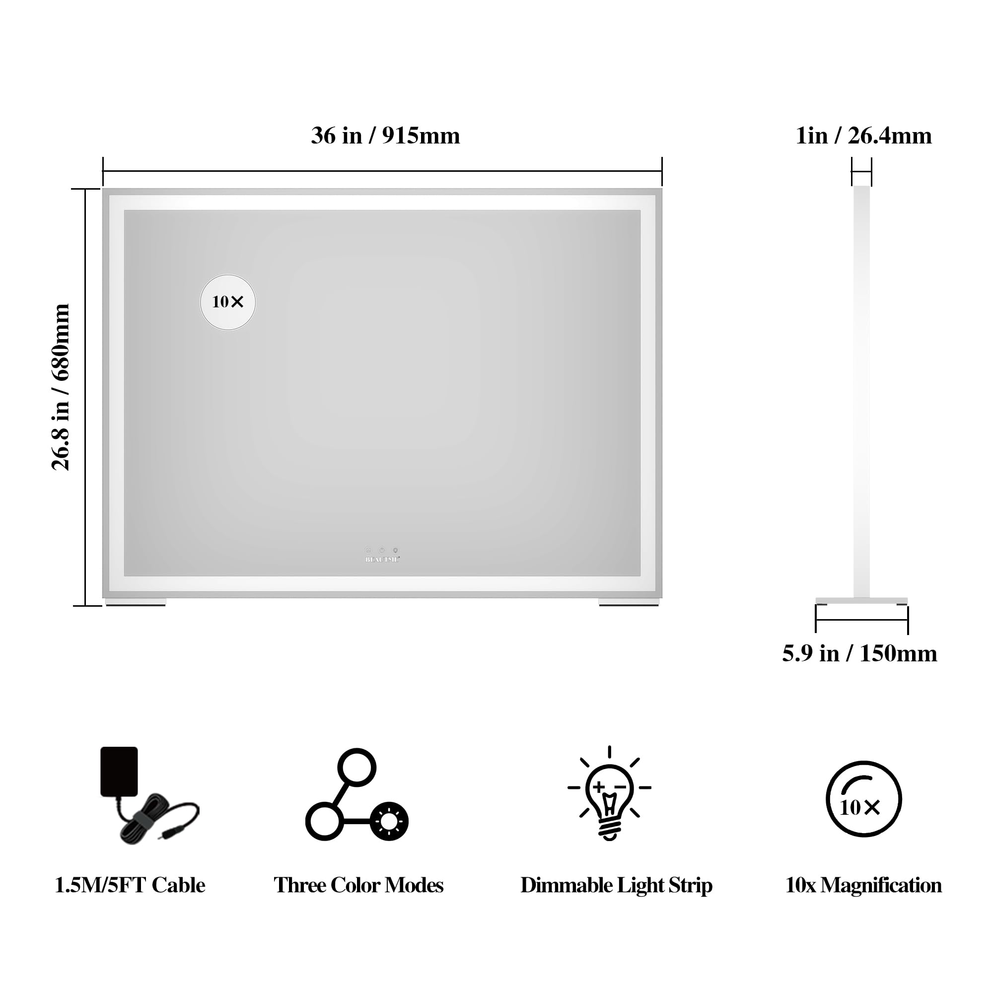 BEAUTME Miroir de courtoisie avec lumières pour table et dressing, miroir de maquillage éclairé Hollywood pour chambre à coucher (920 x 150 x 680 mm) | Miroir grossissant 10x, réglage de la luminosité en continu, 3 options de montage flexibles pour coiffe