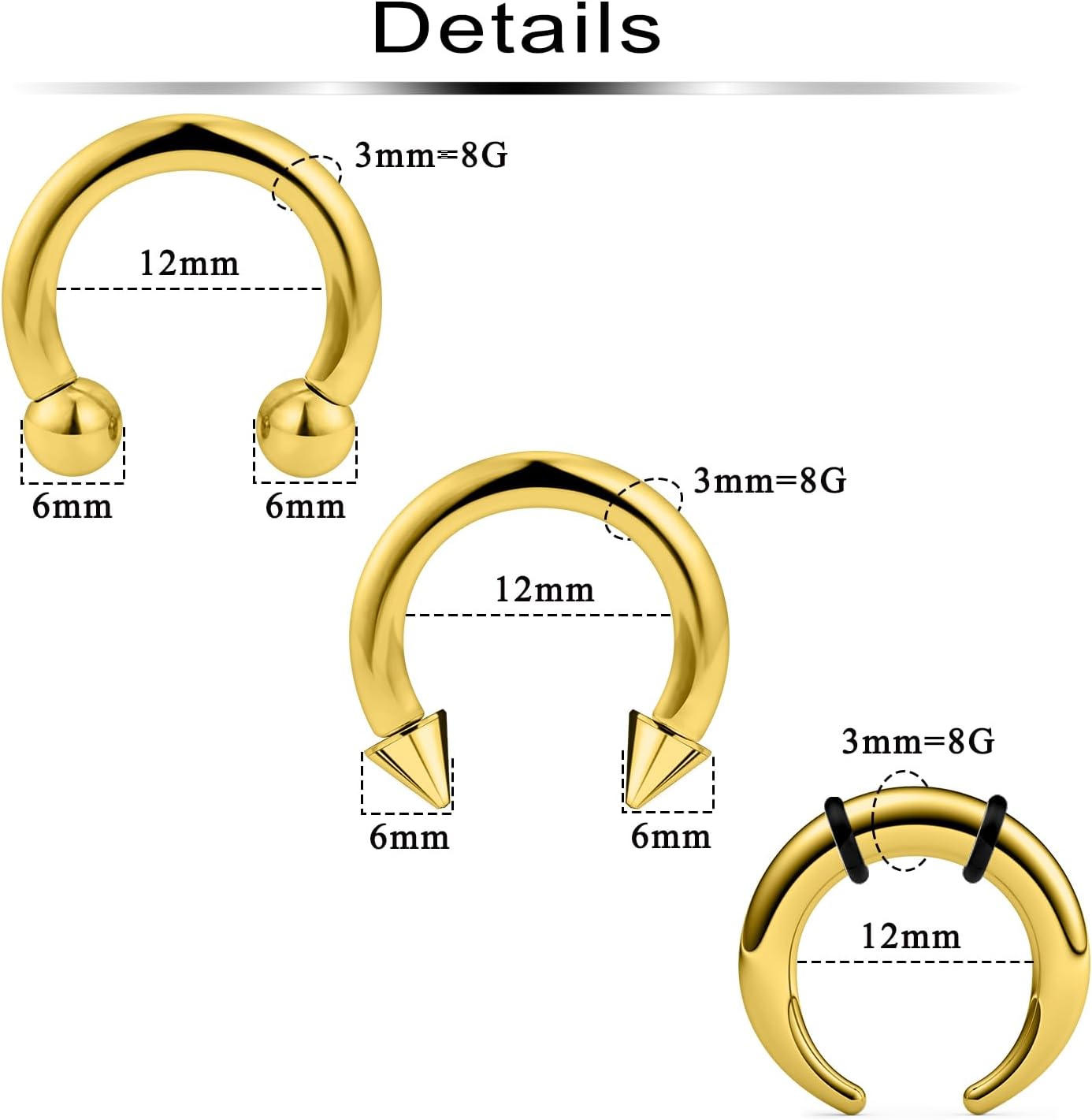 Ftovosyo 6Pcs PA Ring Horseshoe Circular Barbell 316L Surgical Steel Internally Threaded 2G 4G 6G 8G 10G 12G 14G 16G Septum Ring Kit Pierced Jewelry for Women 10mm 12mm 14mm 16mm - Image 2