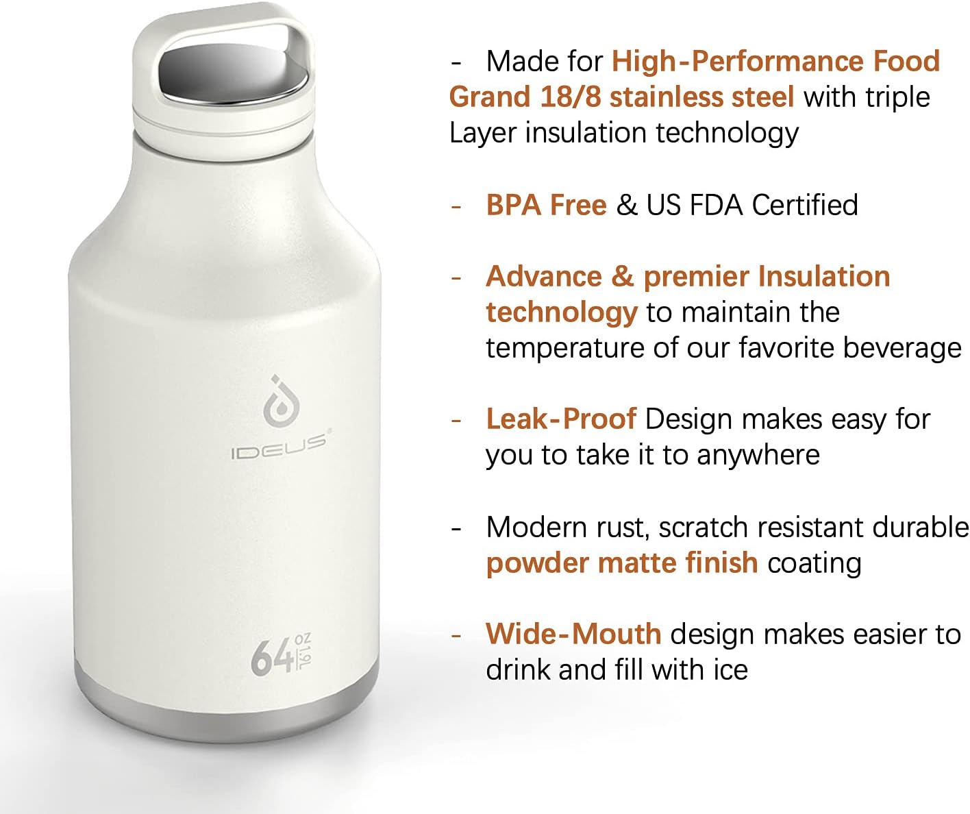 Insulated Water Bottle with 2 Leak-Proof Lids, IDEUS Brand, 64oz, Half Gallon Thermos Water Flask, For Kids, Hiking, Bike, Snow Mountain White Color : Home & Kitchen