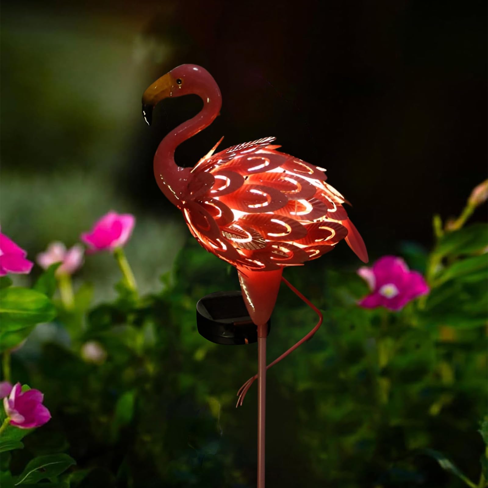 Lampade solari per esterni, fenicotteri, statuette da giardino, statuetta a energia solare, fenicottero, in metallo resistente alle intemperie, con supporto, fenicottero, per prato, cortile