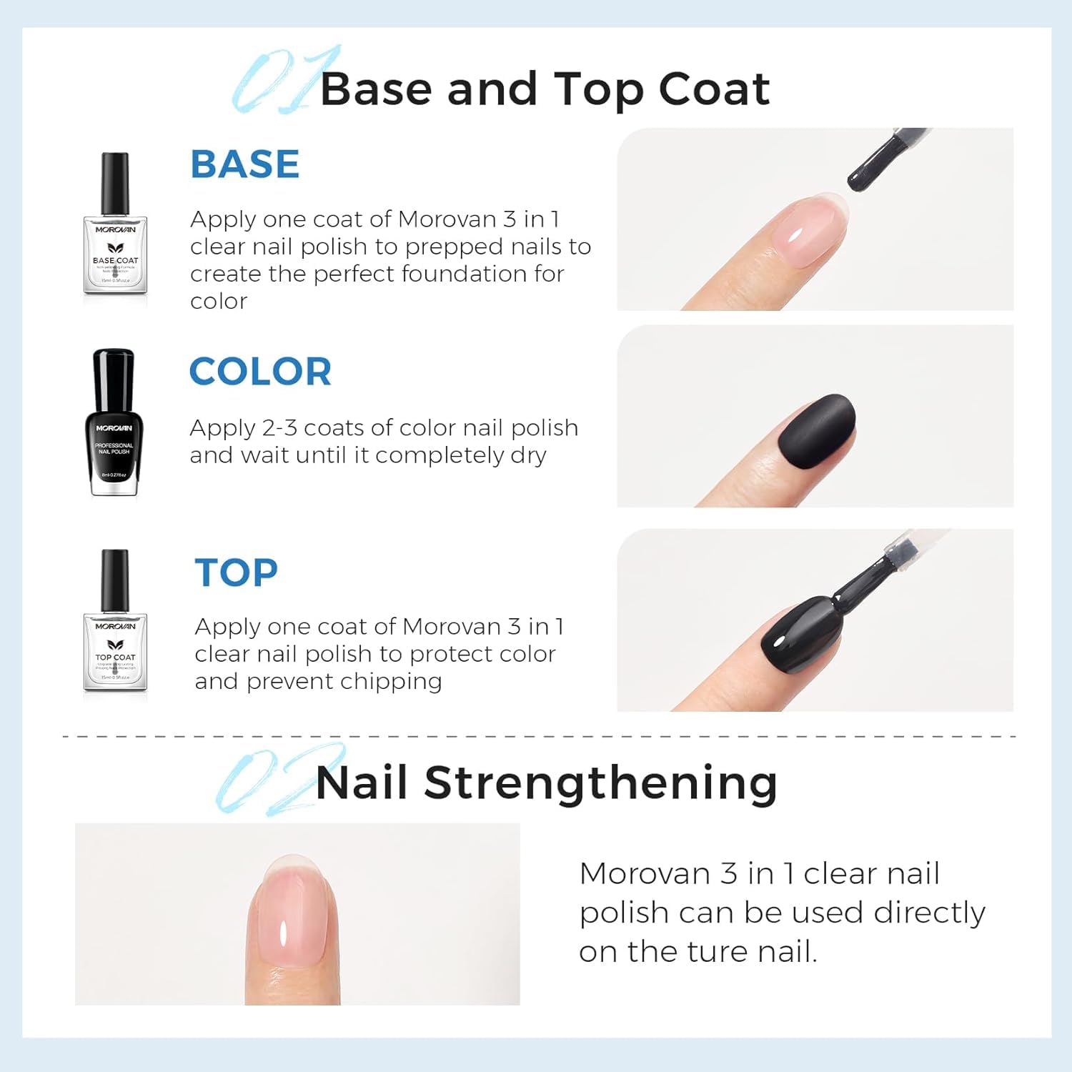 Morovan Smalto trasparente 3 in 1: Base Coat Top Coat 3 in 1 Nail Strengthener Clear Nail Varnish 15 ml