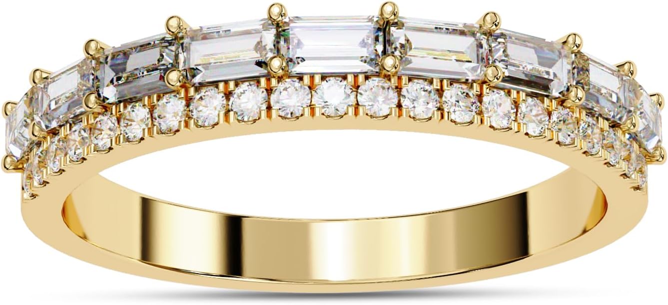 SAVEARTH DIAMONDS Double Row Half Eternity Wedding Band Rings for Women, Baguette and Round Cut Lab Created Moissanite Ring in 10K / 14K Solid Gold or 14K Gold Plated 925 Sterling Silver